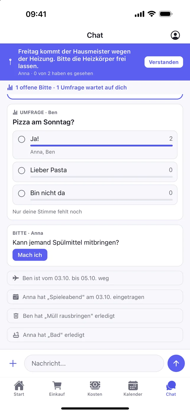 WG-Chat in WGeist mit Aushang, Umfrage und Bitte