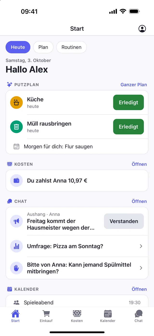 Startseite „Heute“ in WGeist: die Aufgaben des Tages, offene Kosten, Neues aus dem Chat und Termine