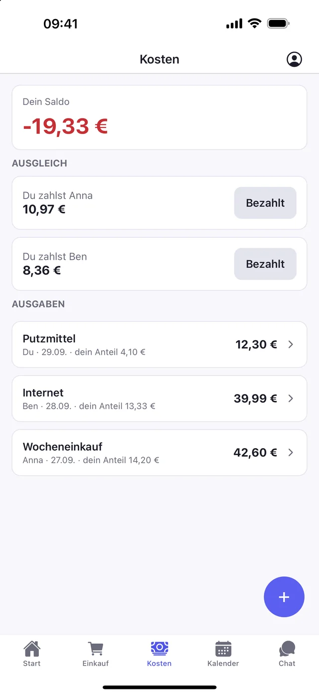 Kosten in WGeist: Saldo, wer wem was zahlt, und die letzten Ausgaben