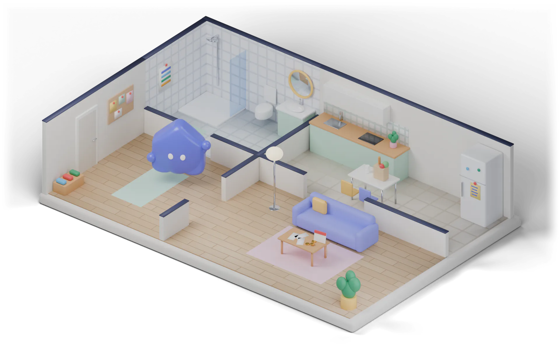 Modell einer WG-Wohnung von schräg oben: Bad, Küche, Flur und Wohnzimmer. Im Flur schwebt der WGeist.