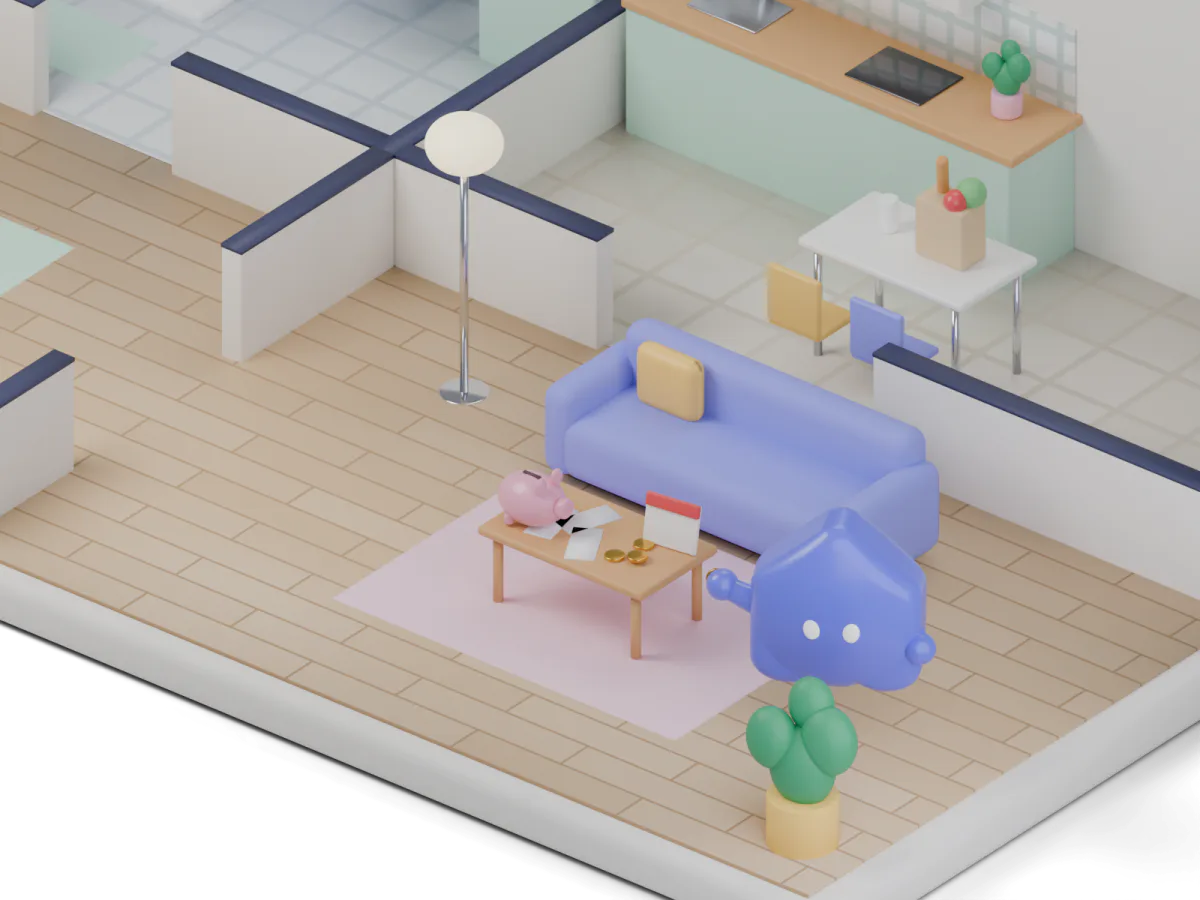 Das Wohnzimmer der Mini-WG: Auf dem Couchtisch liegen Kassenzettel, Münzen, ein Sparschwein und ein Tischkalender.